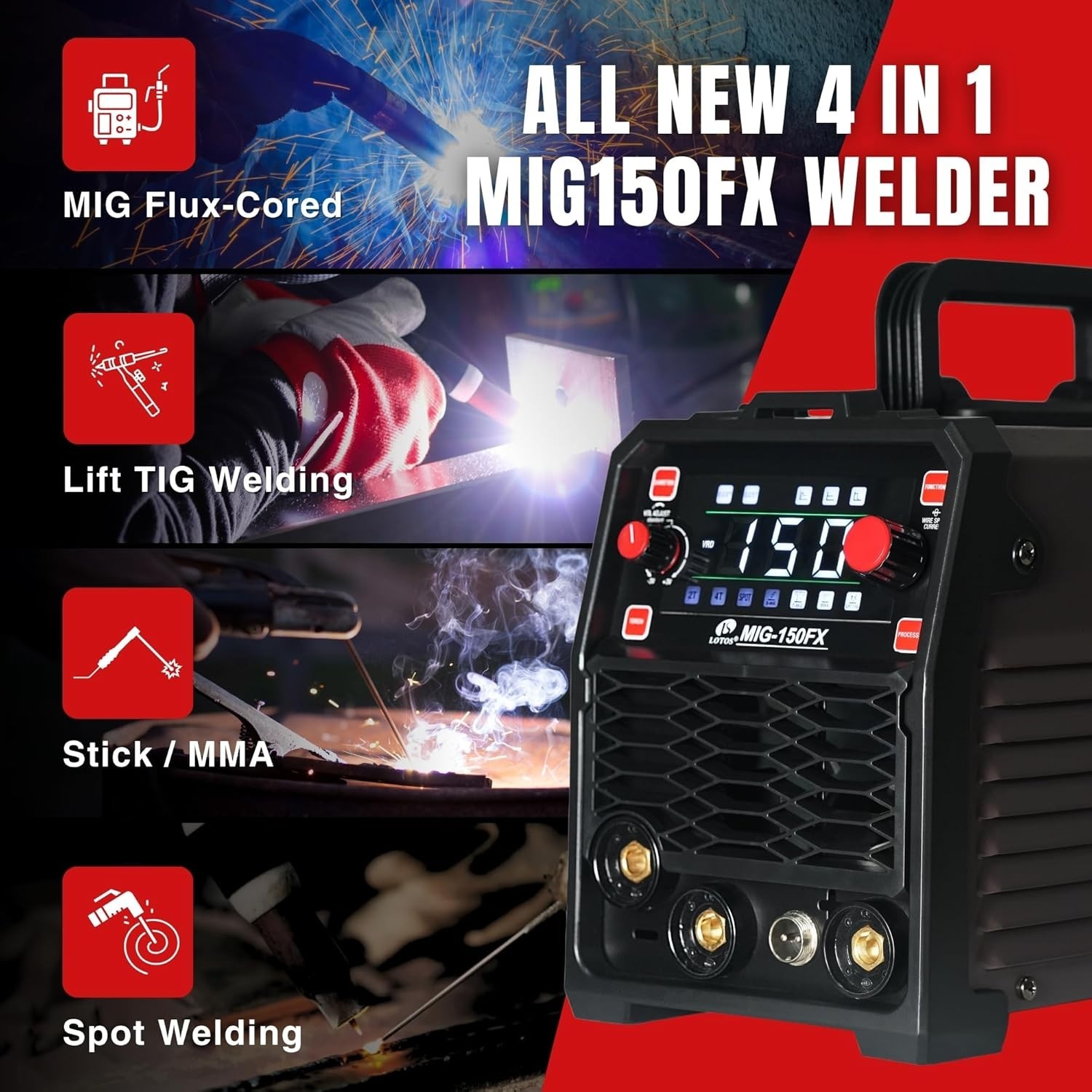 MIG150FX 150A MIG Welder, 3-in-1 Synergic MIG Flux Core/MMA/TIG, 120V Por