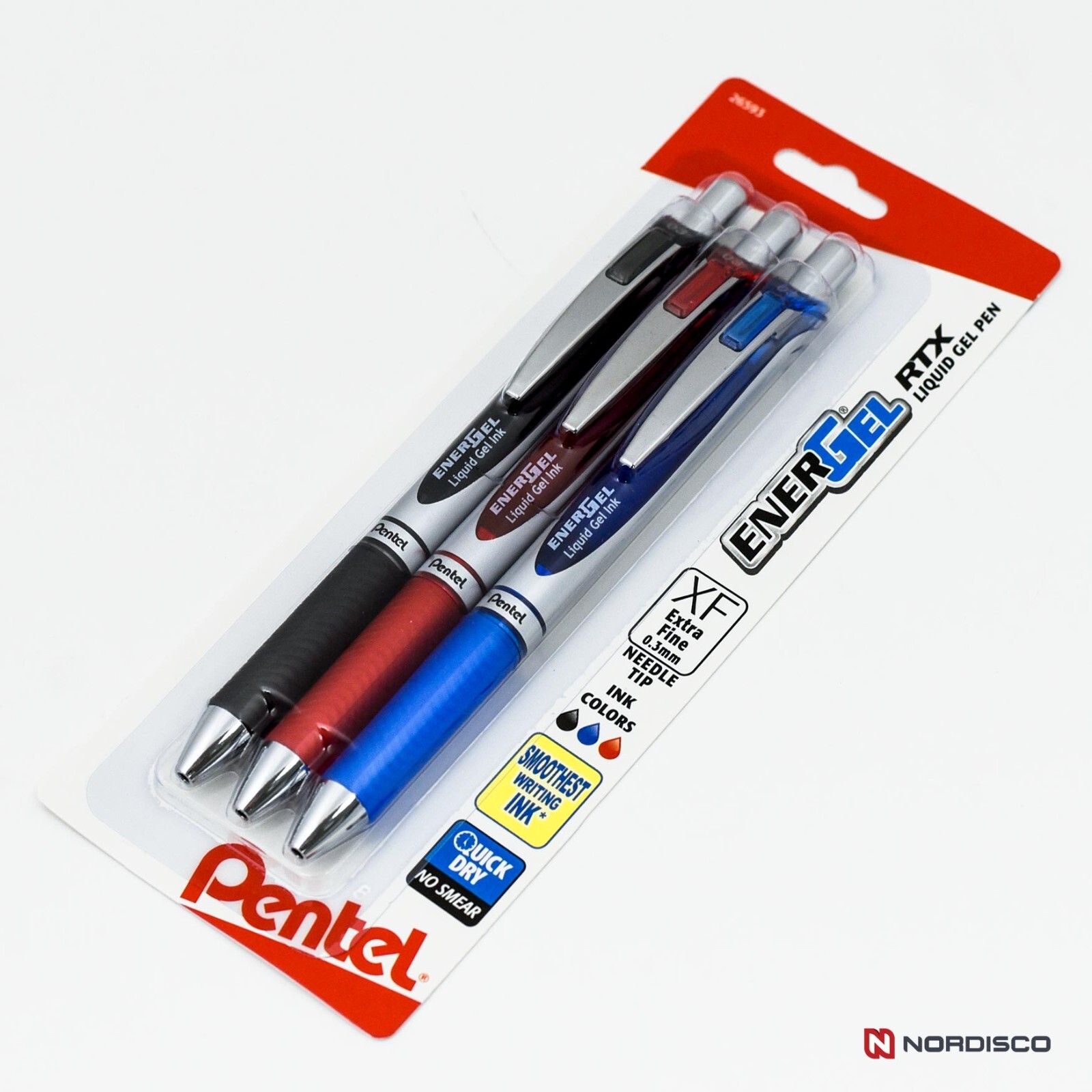 Pentel Energel RTX BLN73BP3M 0.3mm Needle Tip Pens, Black, Blue, Red Ink, 3 Pens