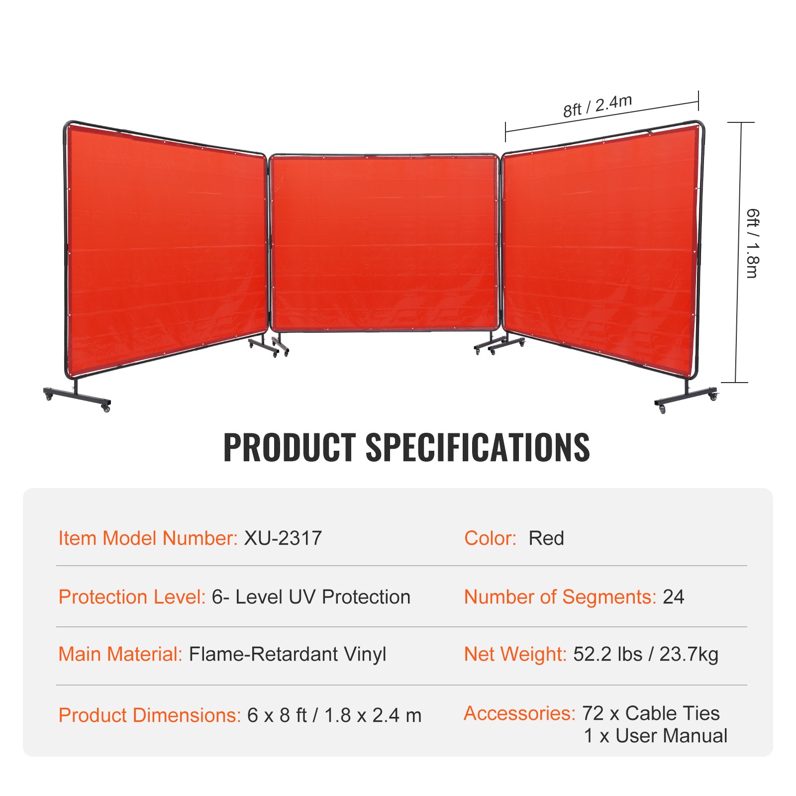 VEVOR Welding Screen with Frame 3 Panel 6′ x 8′ Welding Curtain Screen 12 Wheels