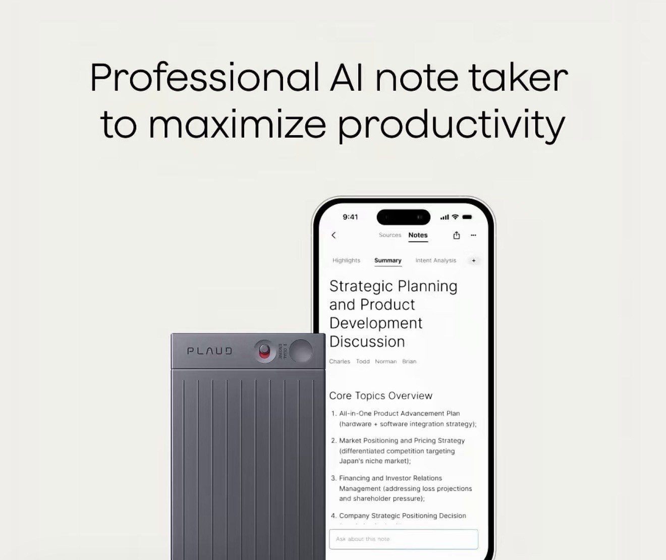 PLAUD – Note Smart AI Voice/Audio Recorder – Starlight Sealed
