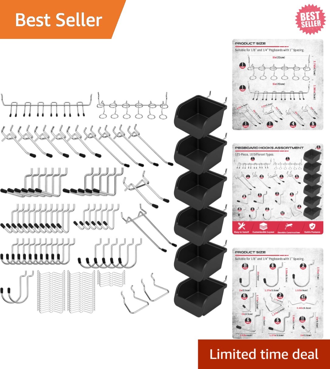 Ultimate 121-Piece Pegboard Hooks Set, Pegboard Accessories with Metal Hooks, Du