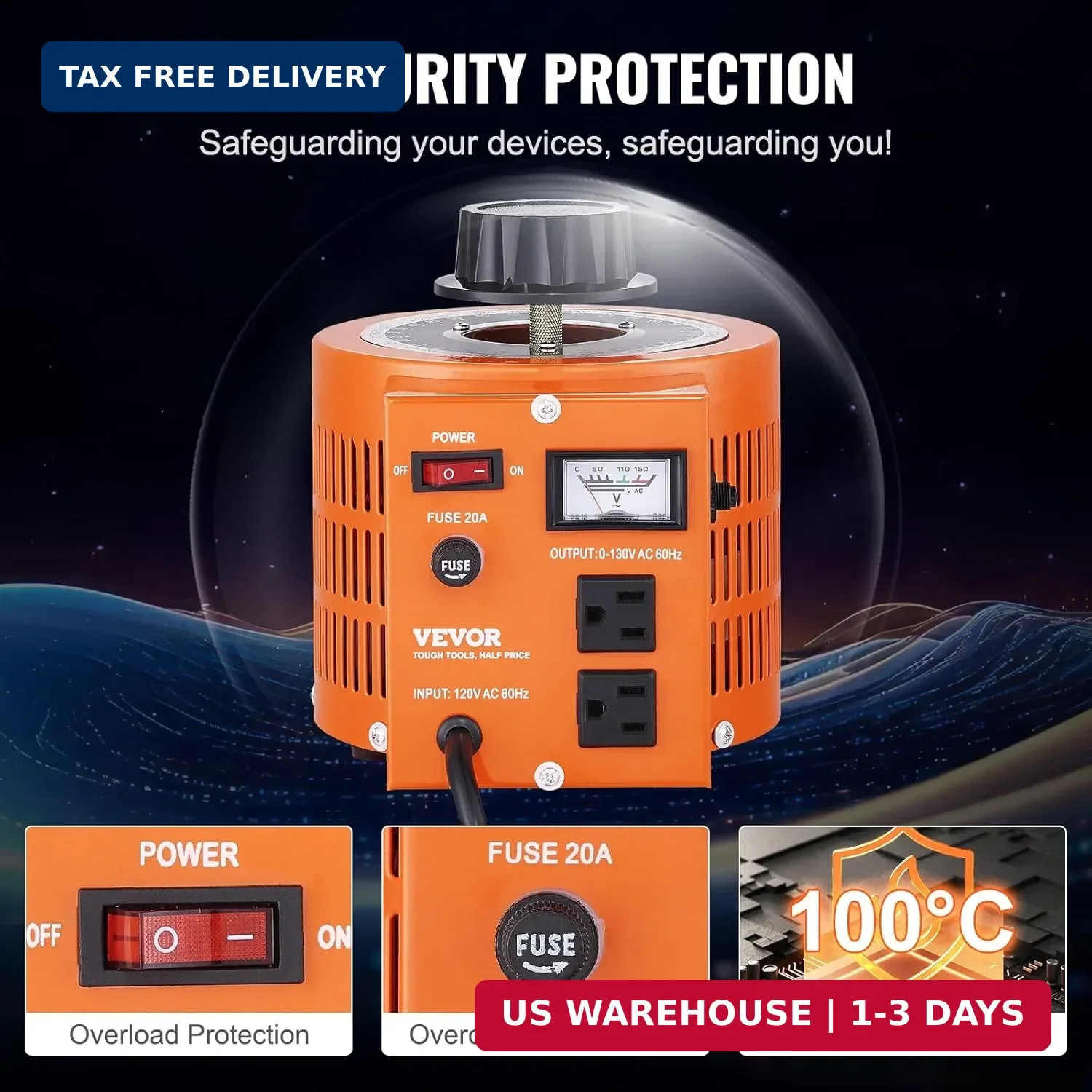 2000VA Auto Variable Voltage Transformer, 15.3 Amp, 110V Input 0-130V Outp
