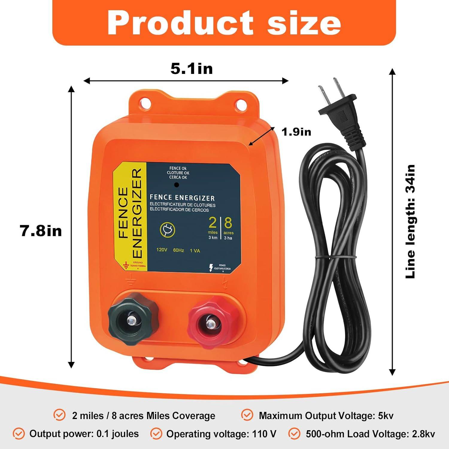 Electric Fence Charger PE2 0.10 Joule, 2-Mile/ 8 Acres Plug in Electric Fence Ch