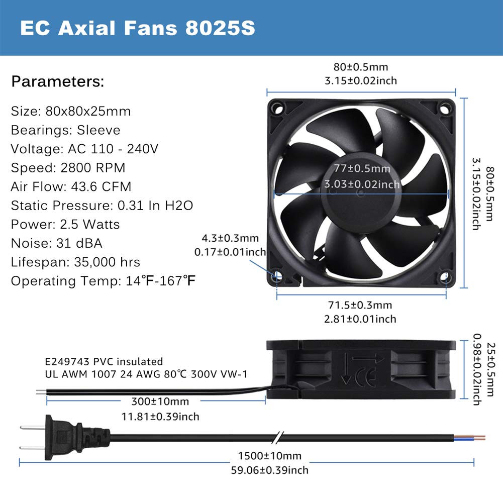 GDSIME AXIAL 8025, New Muffin Fan, 110V 115V 120V 220V 240V AC 80Mm Fan, Ventila