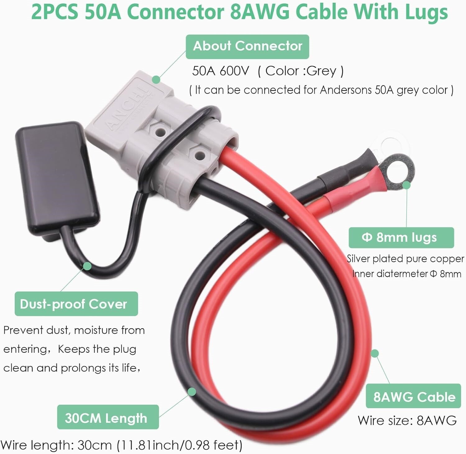 30cm 50A 8AWG Guage Cable Connector for Andersons Plug Extension Cable Forklift