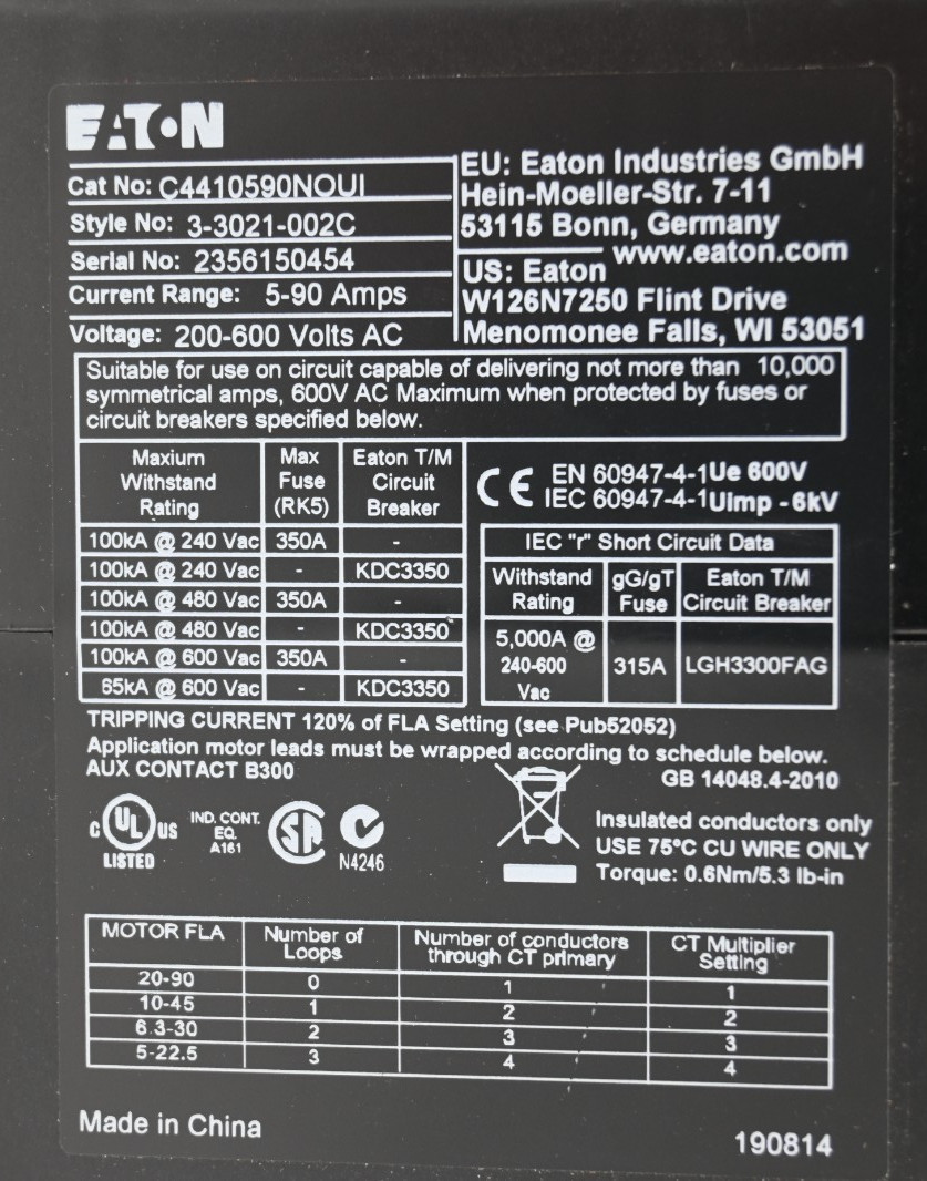 EATON C4410590NOUI MOTOR INSIGHT SOLID STATE OVERLOAD RELAY 200–600 V AC 5–90A
