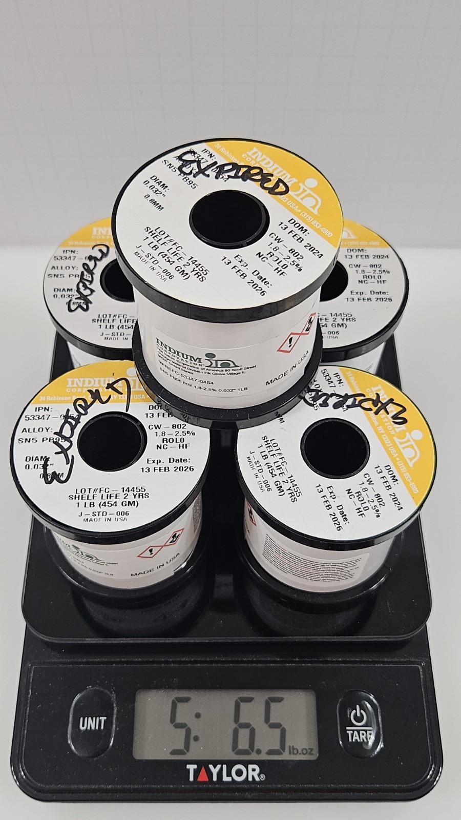 (5lbs) Indium Solder Wire 53347-0454 Sn5Pb95 No-Clean CW-802 .032 Next Day Ship