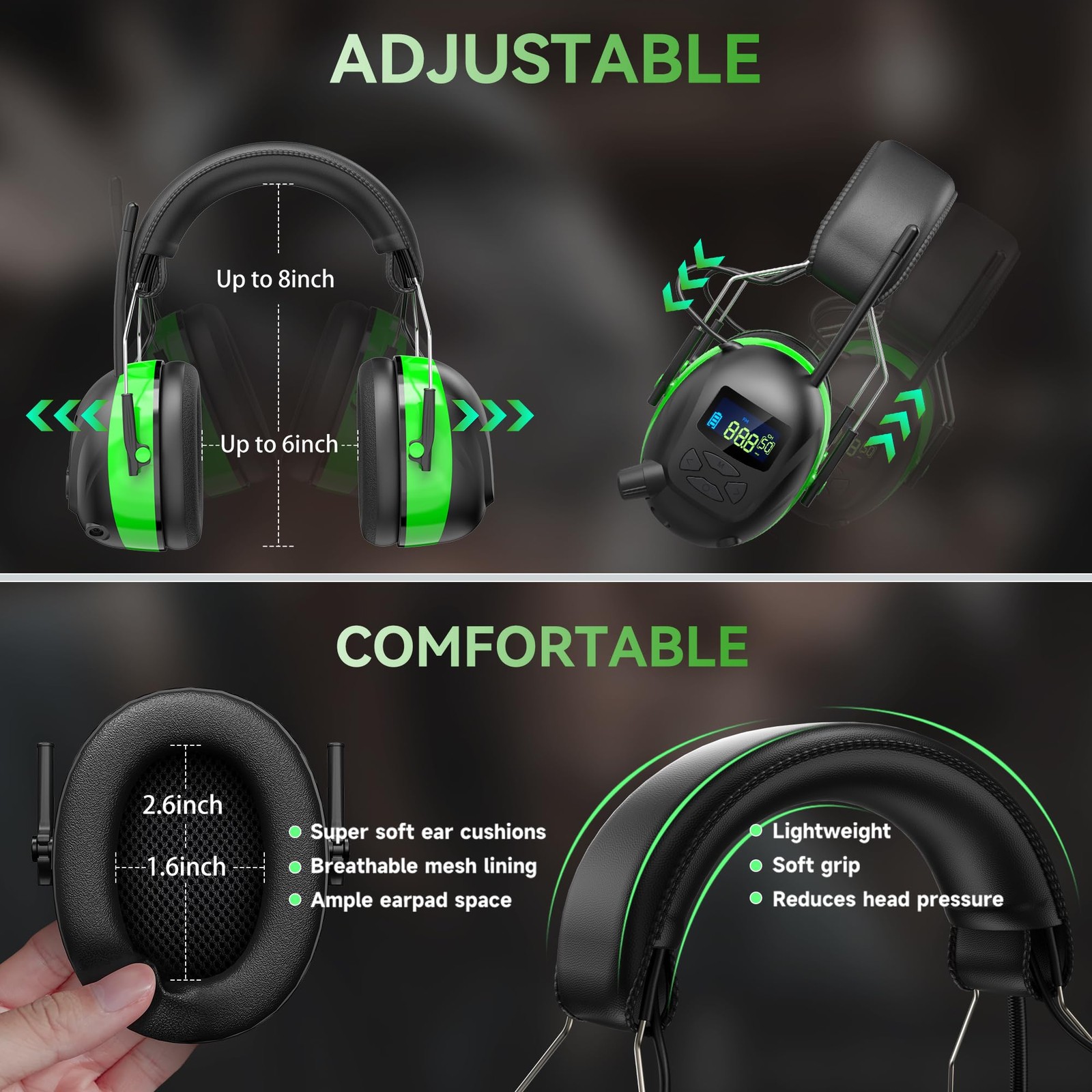 2025 AM/FM Radio Ear Protection Headphones with Backlit Large, Green-am/Fm