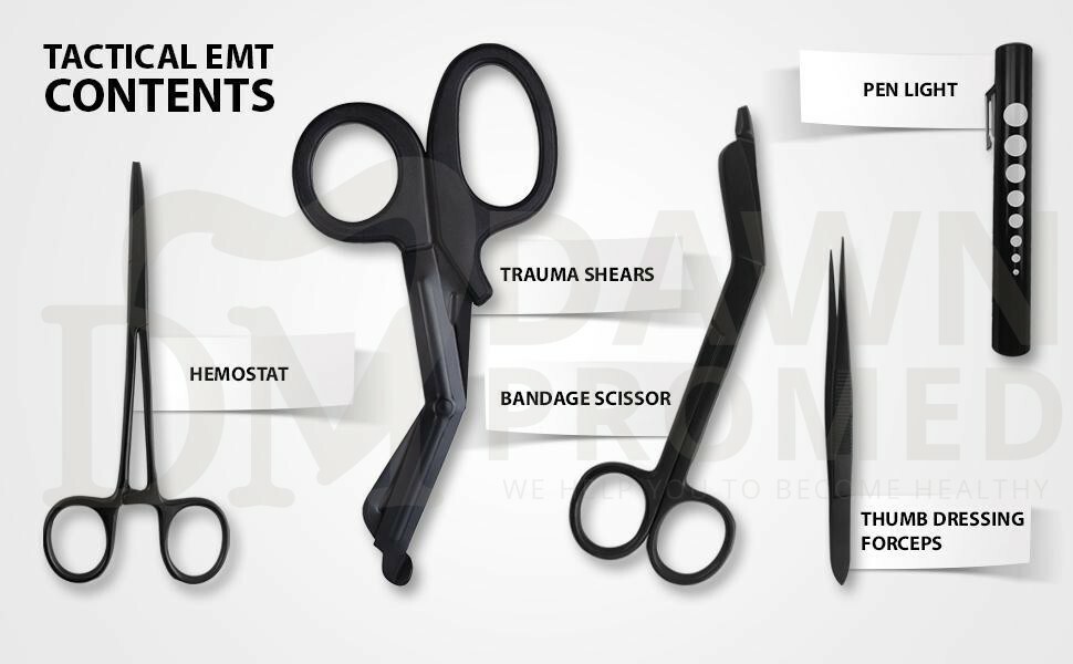 5 Black EMT/ Paramedic Tools Kit Scissors Forceps Shears Penlight with Holster