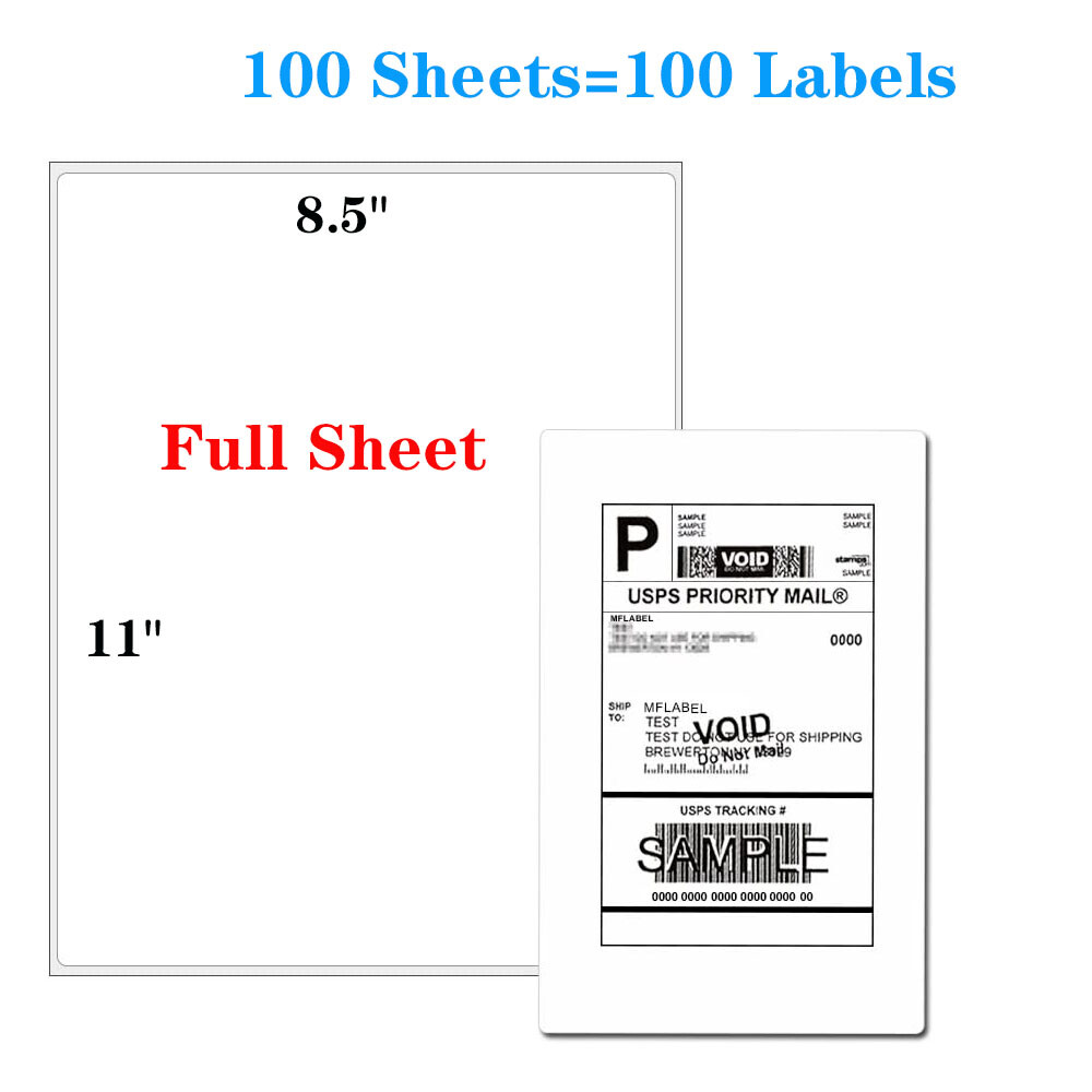 100 Full Sheet Shipping Labels 8.5×11 Self Adhesive Blank Paper for Laser/Inkjet