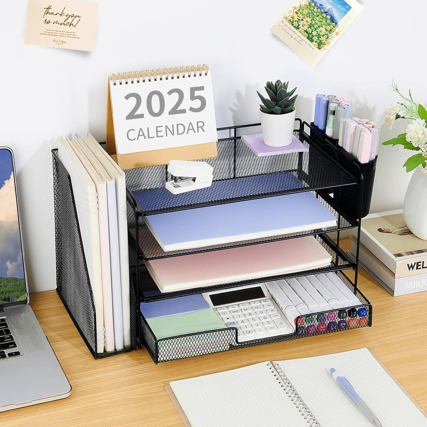 Desk Organizer, 4-Tier Desktop File Organizer with Drawer and Pen Holders, Offic