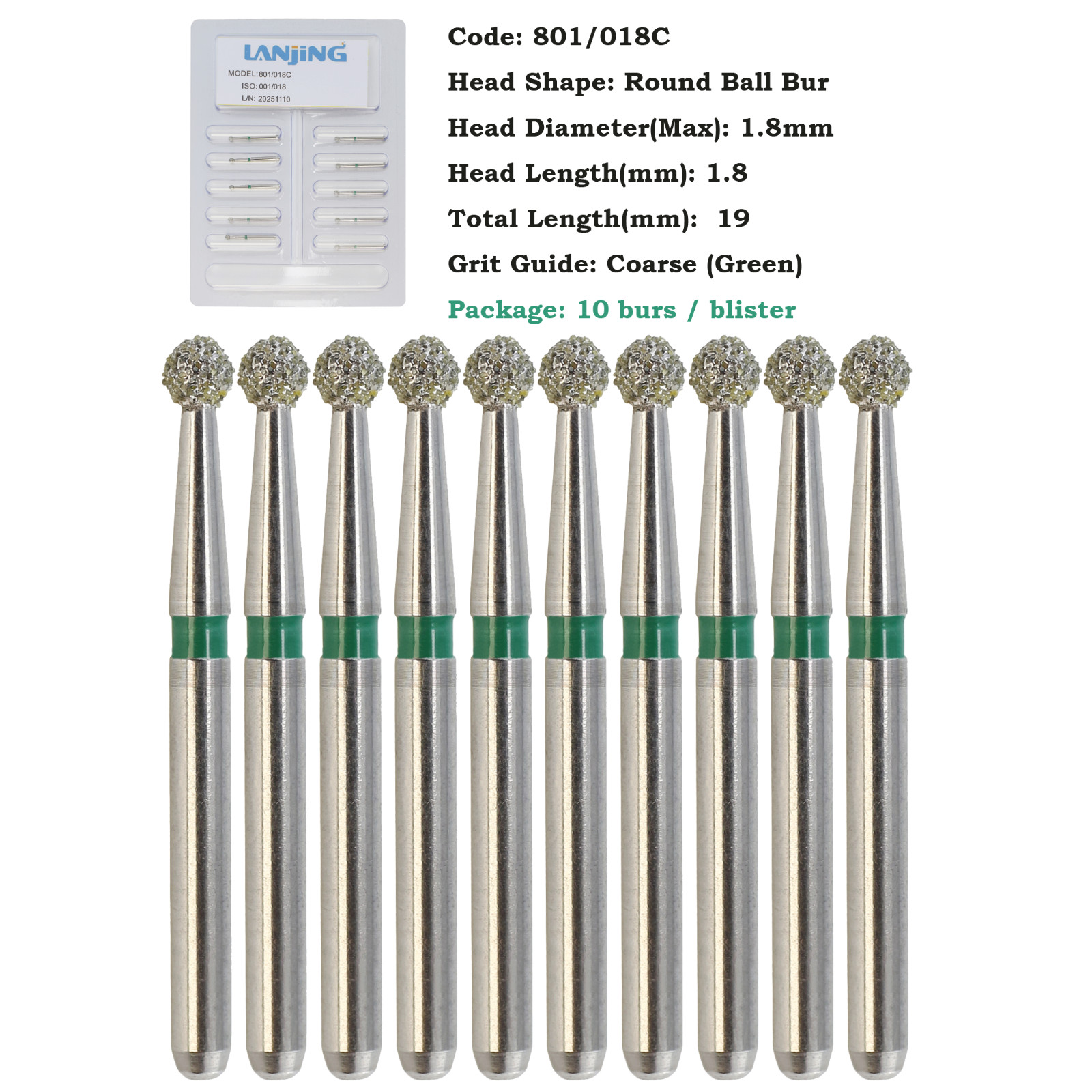 Dental Diamond Burs Surgical Long Bur Round Ball FG 801L/012M 801/023 High Speed