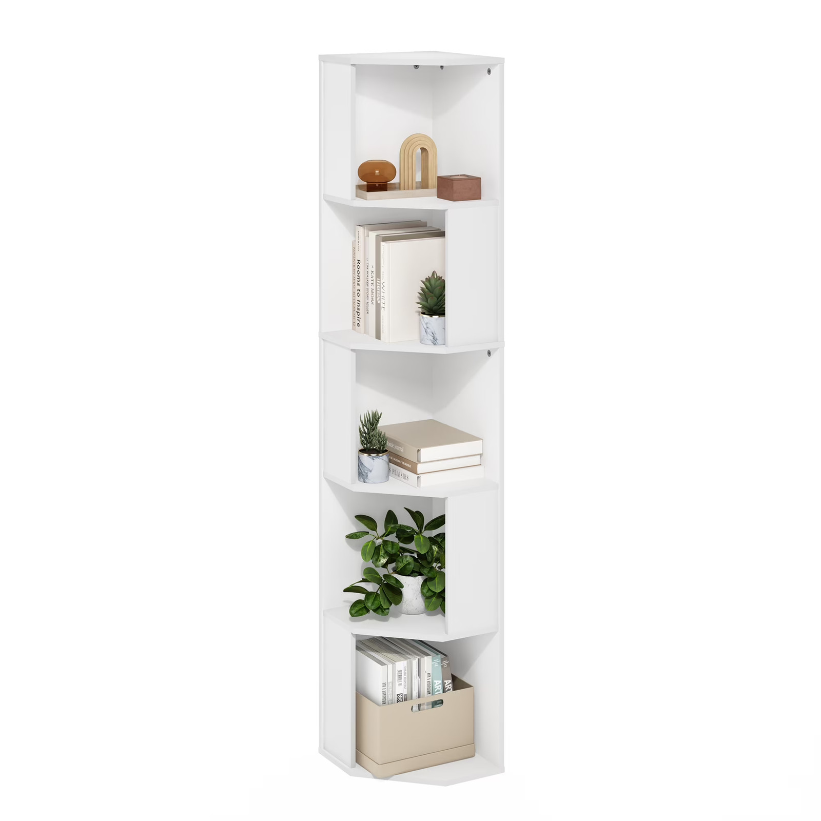 ECON 5-Tier Freestanding Corner Shelf Bookcase in Bookshelf in White