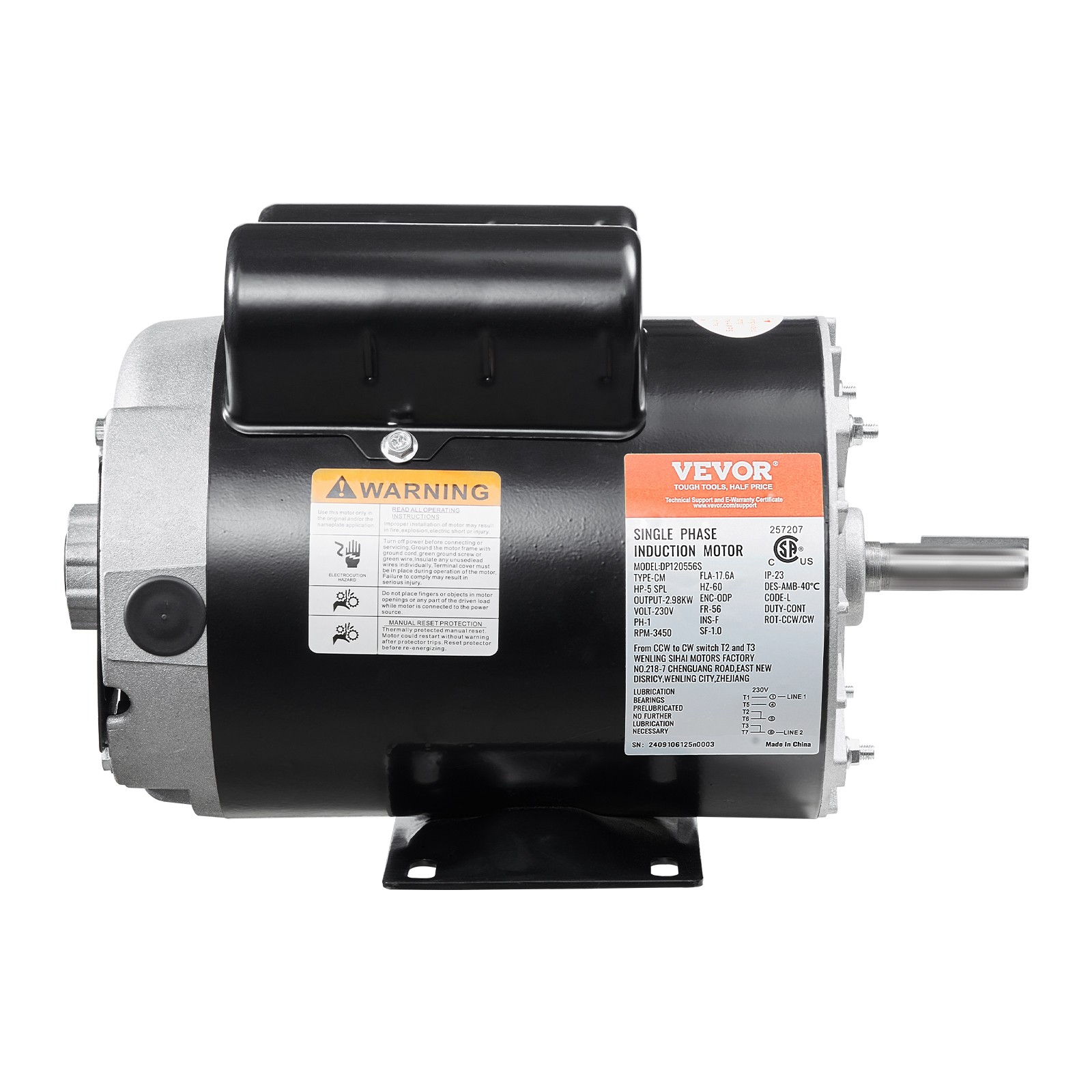 VEVOR 5HP SPL Air Compressor Motor 230V 3450RPM 56 Frame CW/CCW Rotation