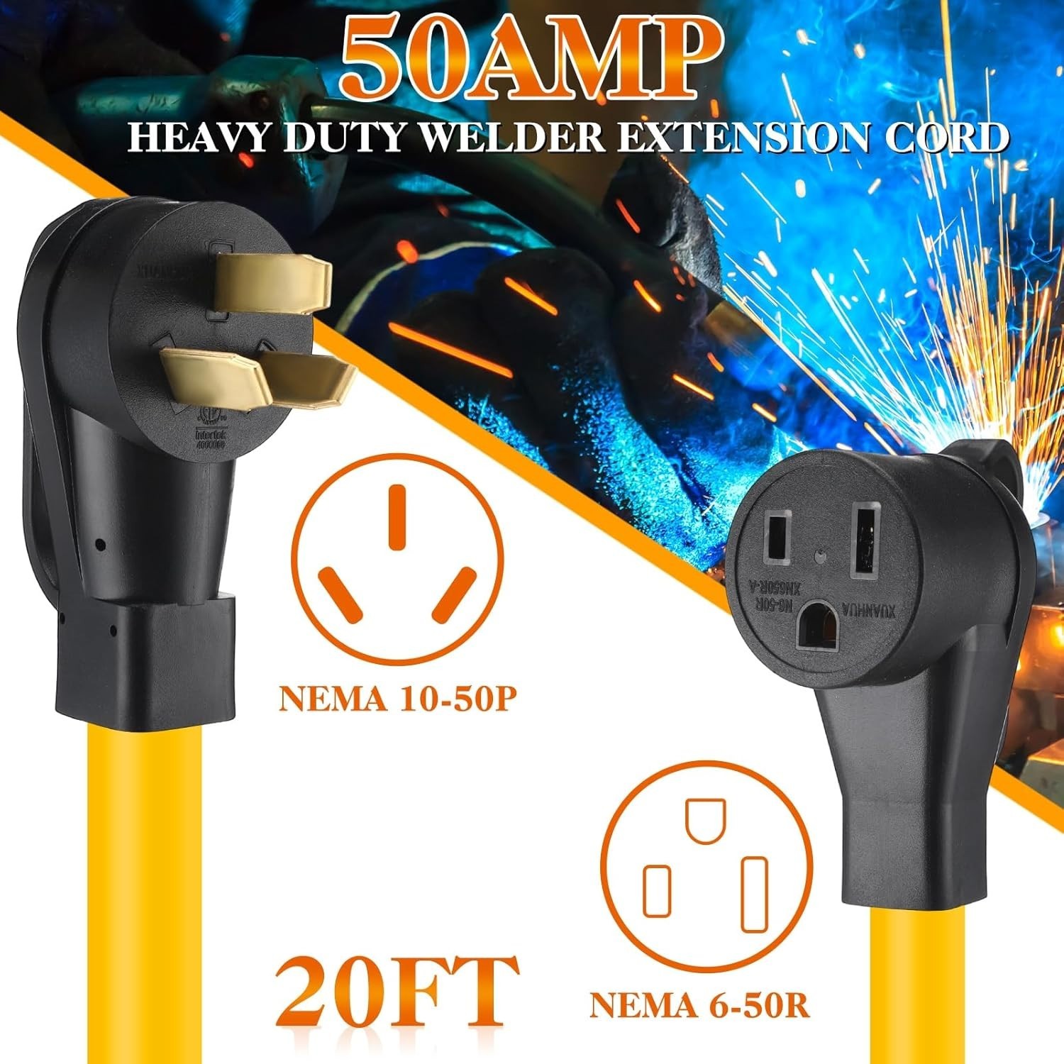 20FT NEMA 10-50P to 6-50R Welder Adapter Cord, 50 Amp 3 Prong 10-50P Male to 6-5
