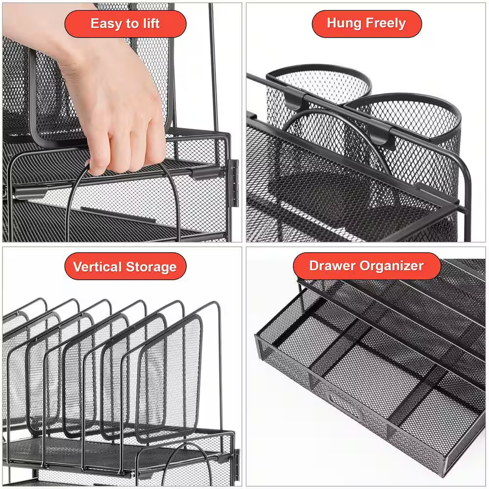 12.85″ X 16.14″ Black Metal Desktop Organizer – 4-Tier Mesh File Organizer (With