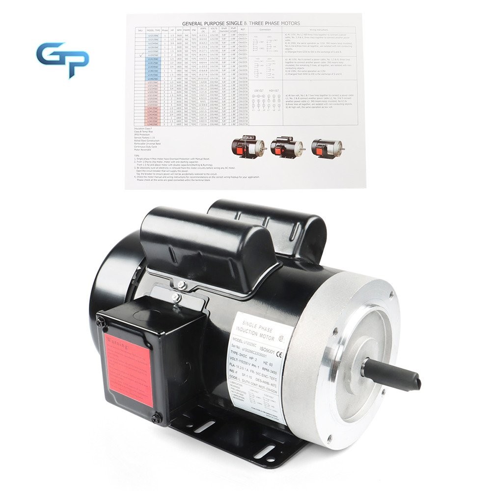 Purpose Single Phase Motor 56C Frame 115V/230V 2 HP Electric Motor 3450 RPM 60HZ
