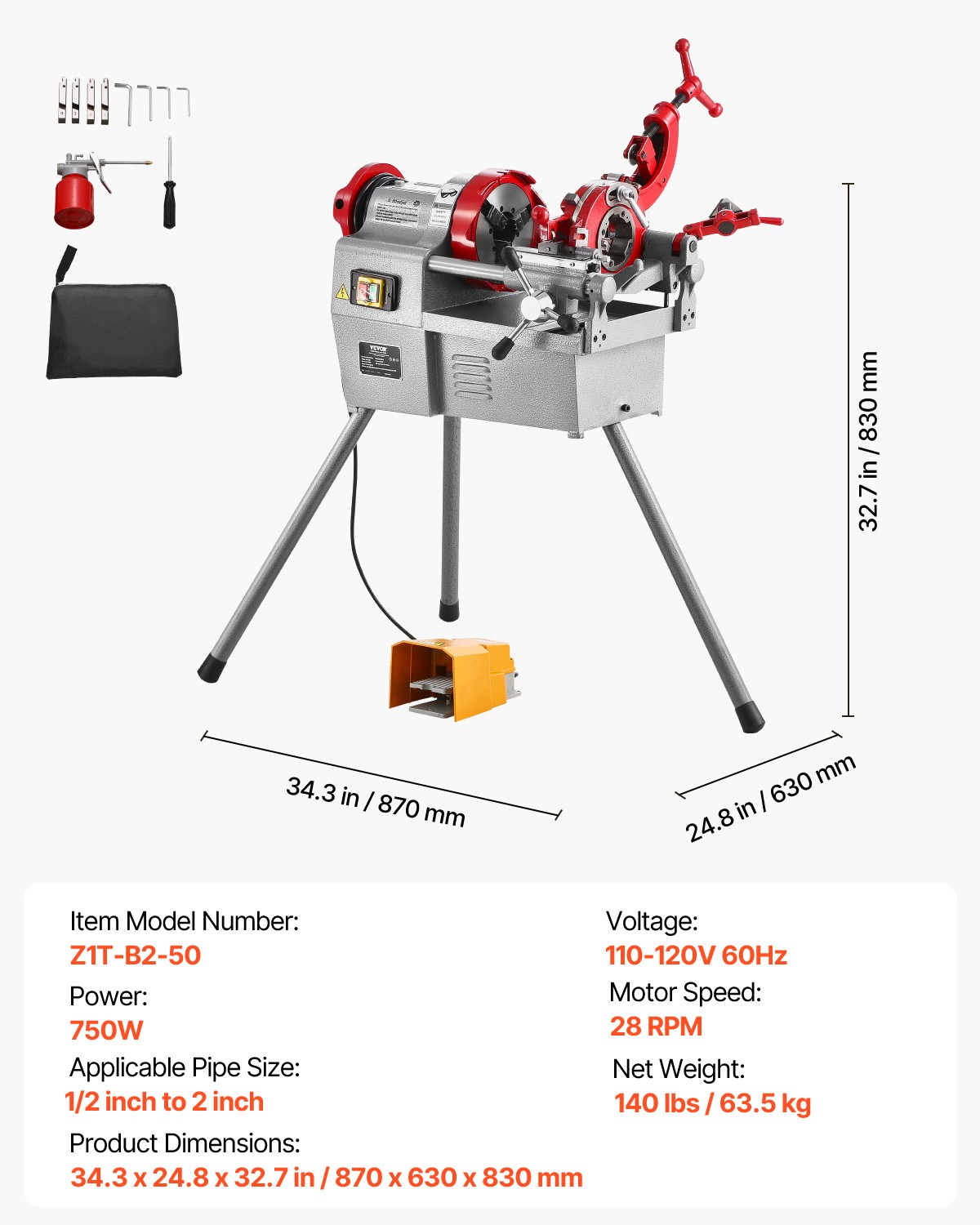 VEVOR Electric Pipe Threader Machine 750W 28RPM Cutter for 1/2″ to 2″ Pipes