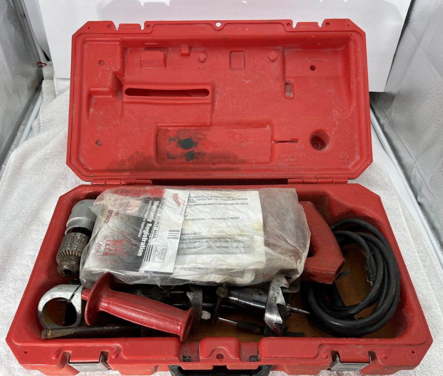 Milwaukee 1107-1 1/2″ Right Angle Drill Hole Hawg w/ Case Chuck Key Handle Extra