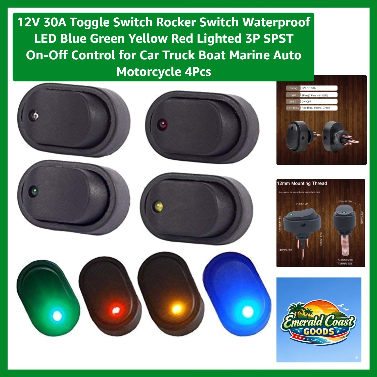 Colorful 12V 30A Rocker Switch with Waterproof LED for Auto & Marine – Pack of 4