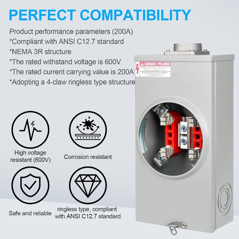200 Amp Meter Socket, 4 Jaw Meter Base, 600V 3 Wire Ringless Type