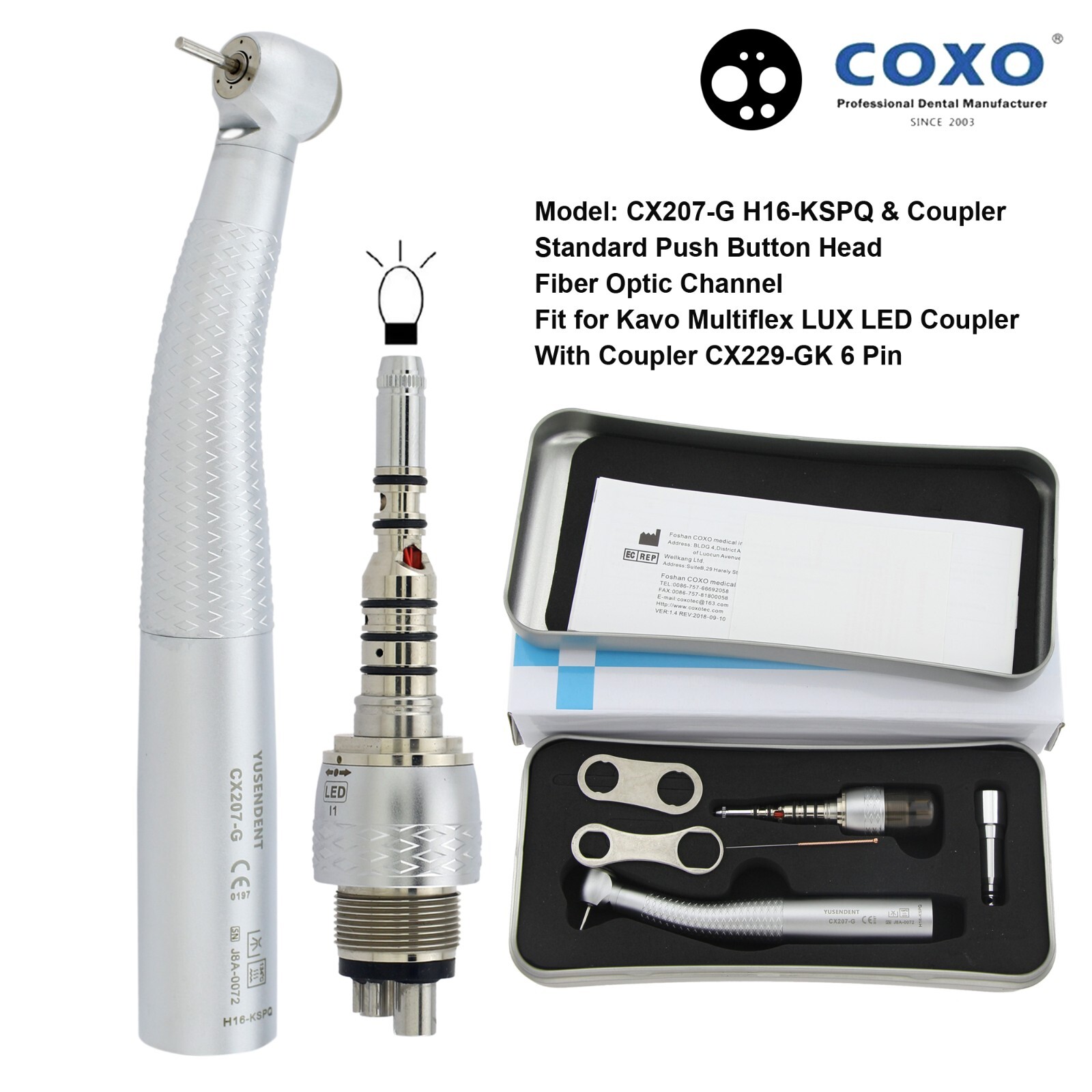 COXO Dental Handpiece High Speed CX207-G Fiber Optic Kavo Multiflex Coupler 4 6