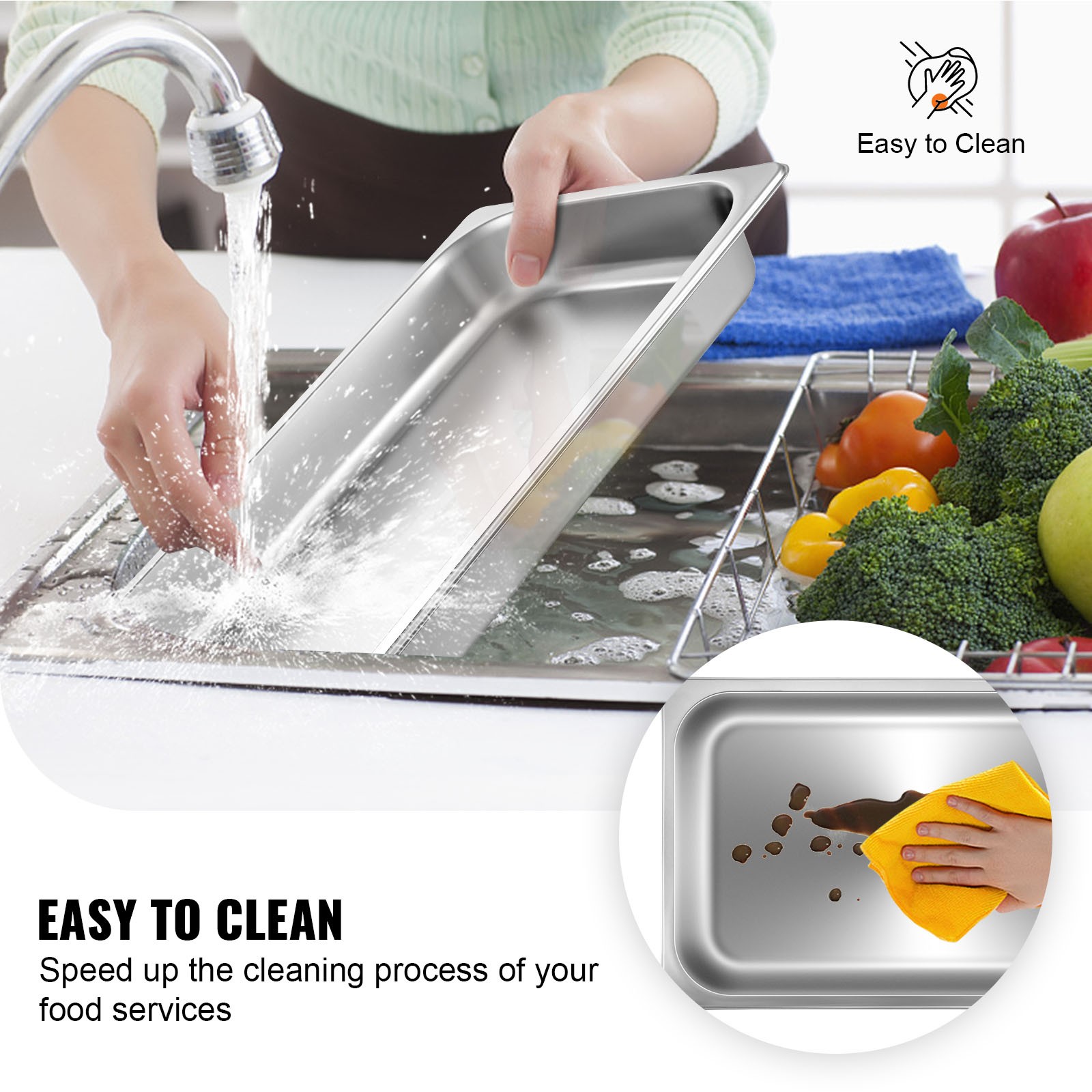 VEVOR 6 Pack 2.5″ Deep Stainless Steel Steam Table Pans Hotel Food Prep Pan
