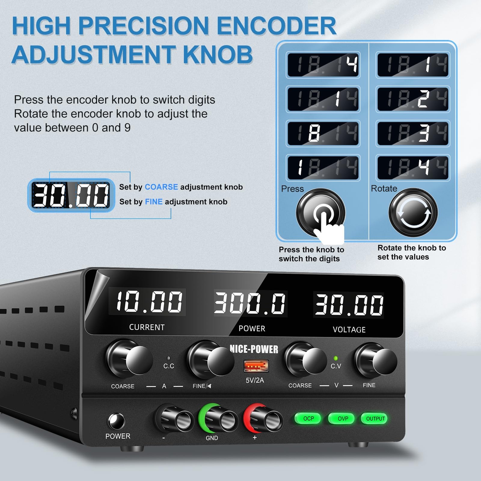 DC Power Supply Variable 30V 10A, 300W Encoder Adjustable Switching Regulated…