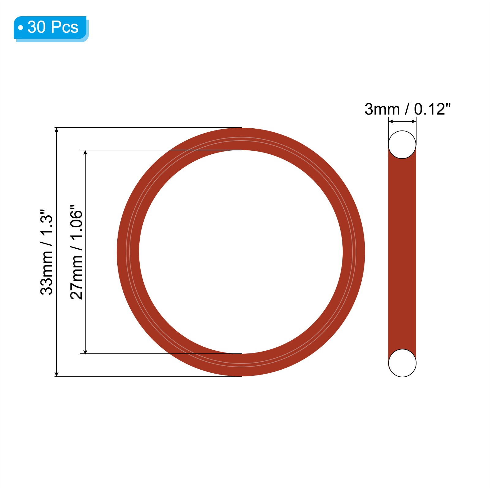 30Pcs Silicone O-Ring 33mm OD 27mm ID 3mm Width VMQ Sealing Gasket, Red