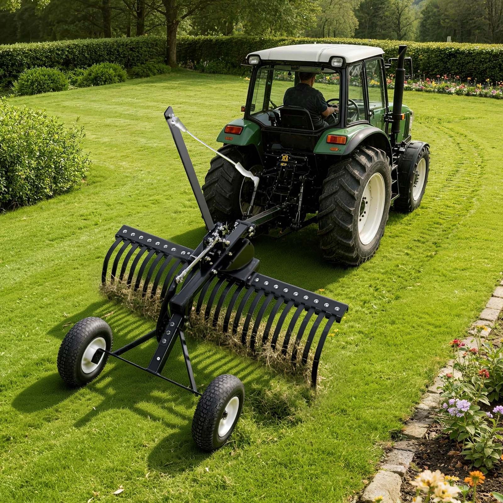 VEVOR 48in Tow Behind Landscape Rake 24 Tines Lawn Dethatcher Height Adjustable