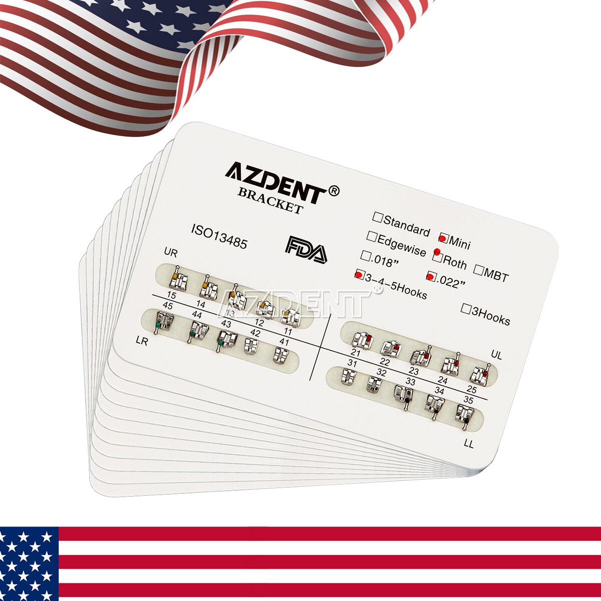 AZDENT Dental Orthodontic Brackets Braces Metal Mini Roth.022 Hooks 3 4 5 FDA