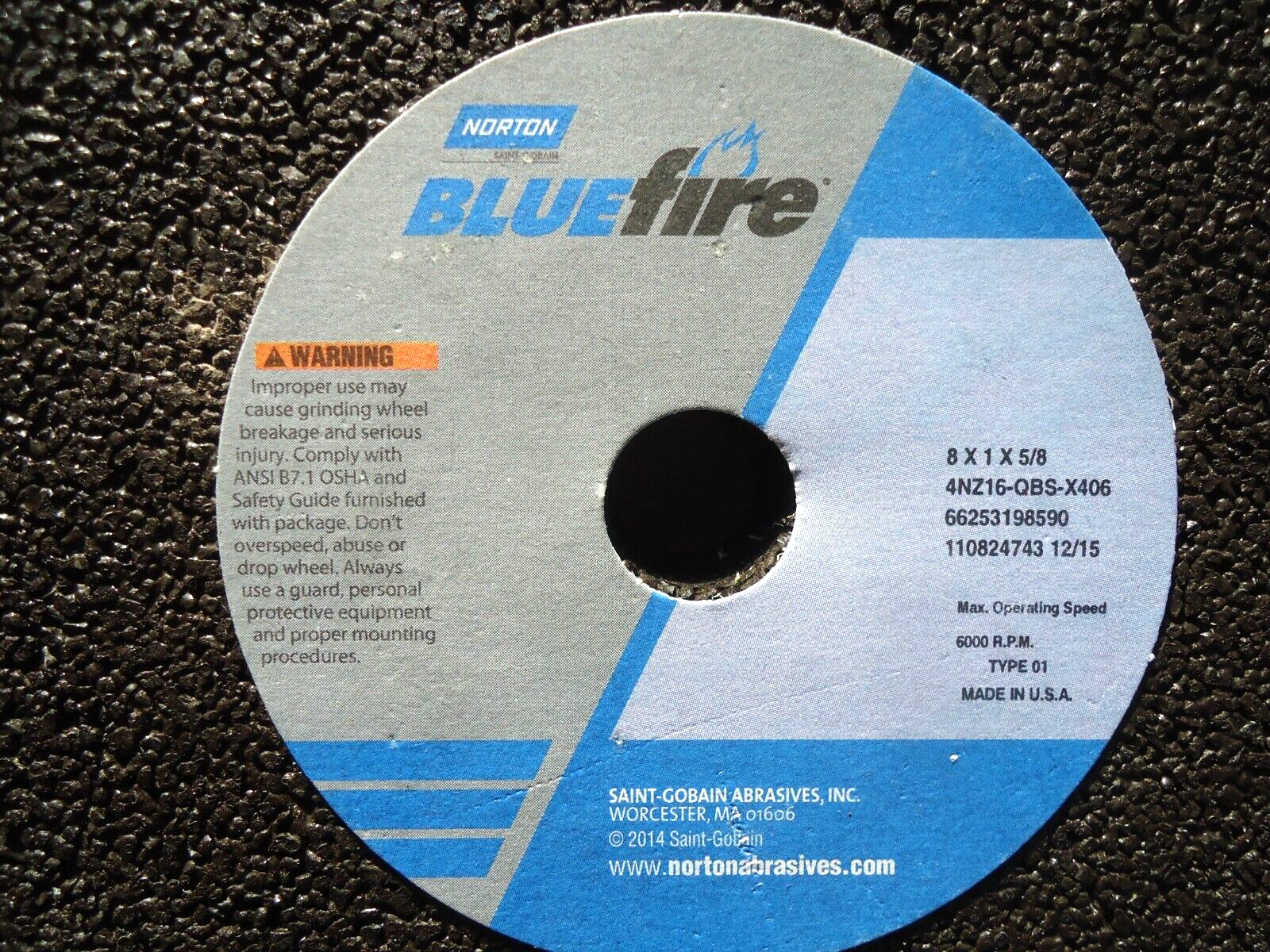 NORTON BLUEFIRE SURFACE GRINDING WHEEL 8″X1″W/5/8″ HOLE – MANUF#66253198590 NEW!