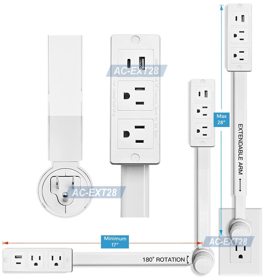 AC Wall Outlet Extender Rotational Stick With 2 AC Outlets 2 USB Ports Max 28″