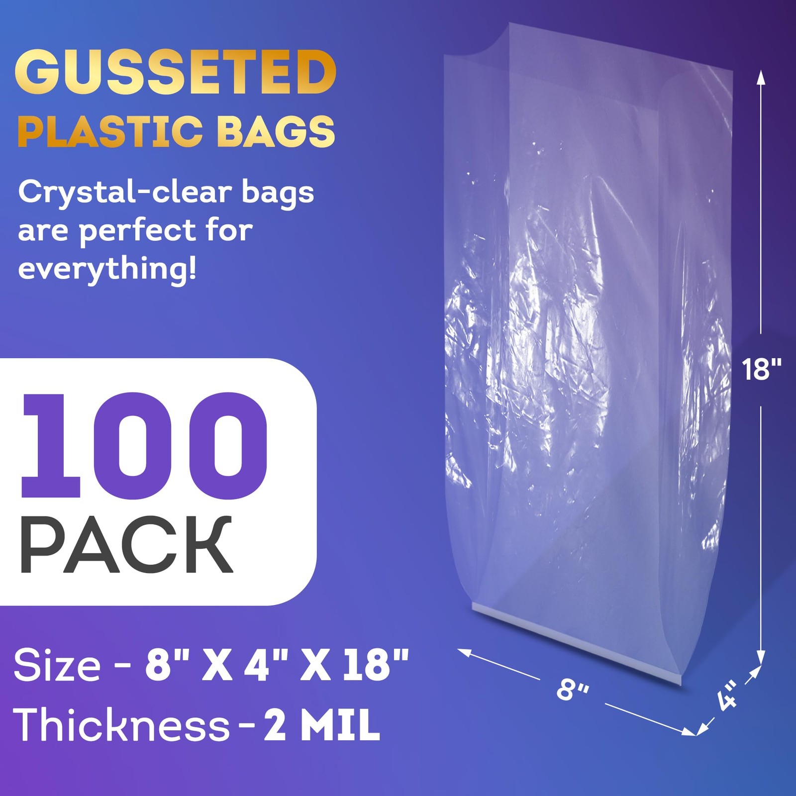 Clear Gusseted Poly Bags 8x4x18 Inches 2 Mil Side Gusset Plastic Bag 100 Pack