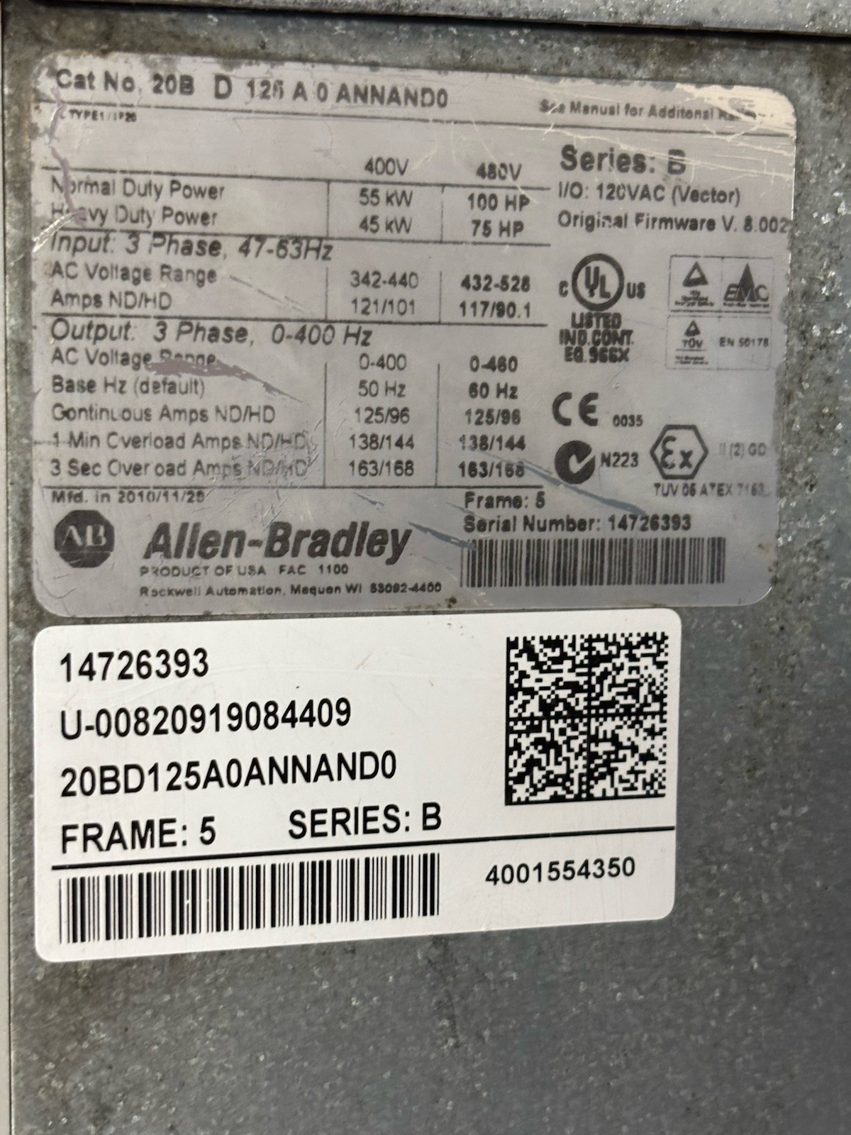 100HP 20BD125A0ANNAND0 ALLEN BRADLEY Powerflex 700 / Clean/ MFG 2010