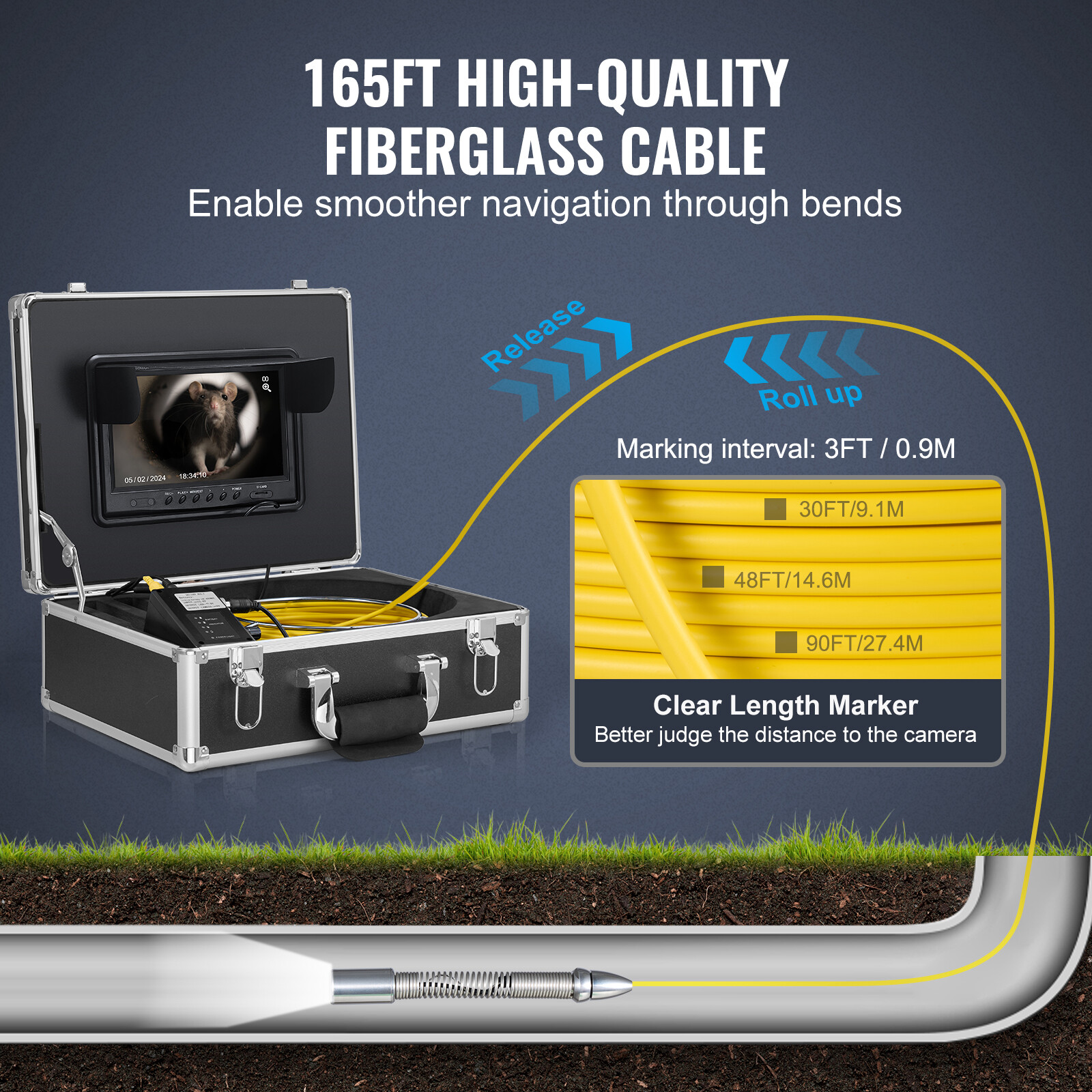 VEVOR 9″ Sewer Camera 50m/165 ft Self-Leveling Drain Camera with 512Hz Locator