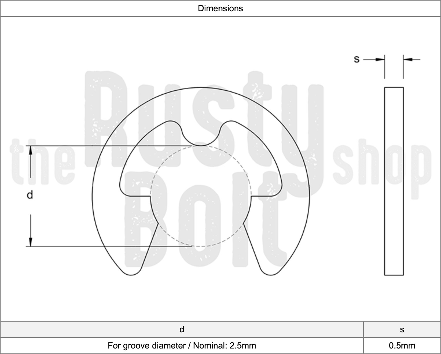 2.5mm, M2.5, E Clip, Black Steel, Circlip Side Mount, External Retaining Ring