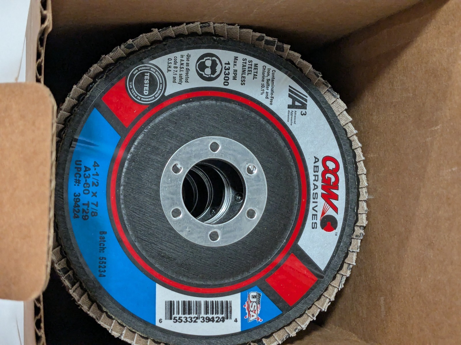 CGW Flap Disc: 4-1/2" Dia, 7/8" Hole, Aluminum Oxide, Type 29 Box of 1
