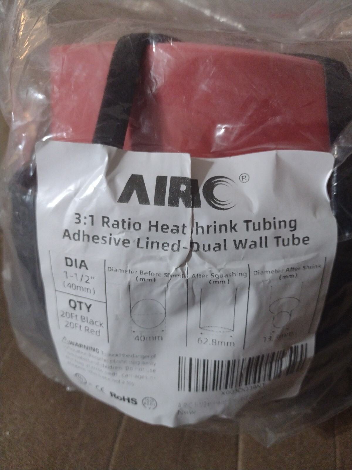 AIRIC Black Or Red Heat Shrink Tubing 3:1 1 2/2″ 20′ BLK, 20′ RED Adhesive Lined