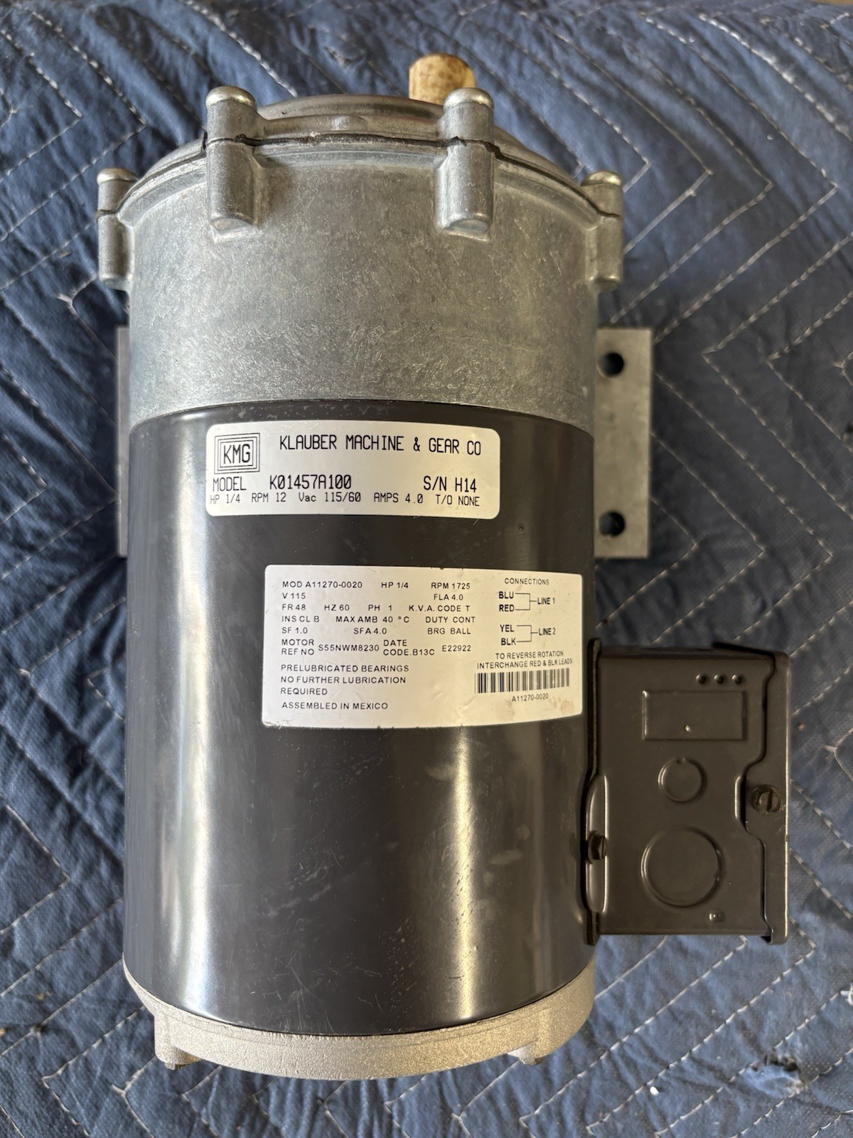 Klauber Machine & Gear Co. Motor K01457A100 1/4 HP 1725 RPM 115V