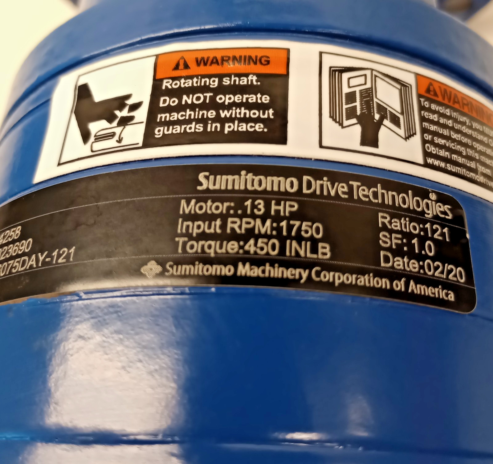 Sumitomo CNHJ-6075DAY-121 Gear Drive 0.13hp 450In-Lb 1750/14.5rpm Ratio 121:1