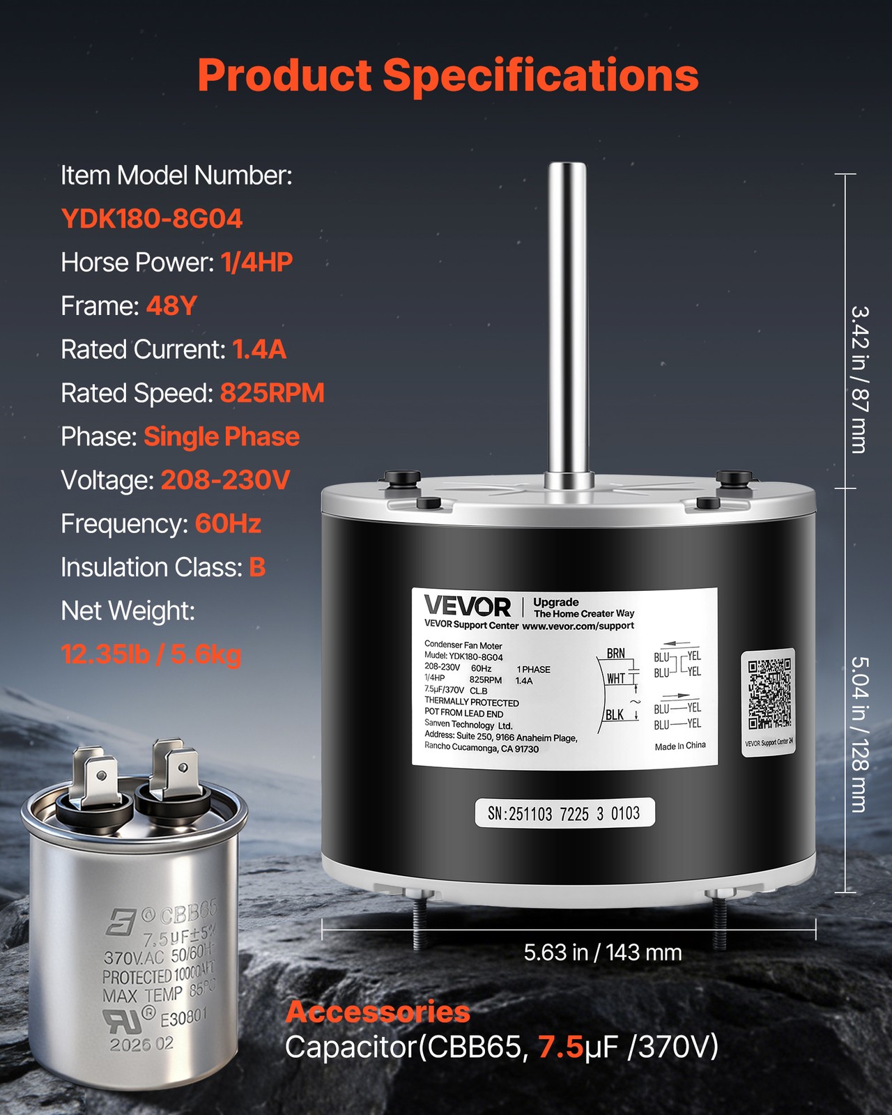 VEVOR Condenser Fan Motor with Capacitor 1/4HP 825RPM 208-230V CW/CCW Rotation