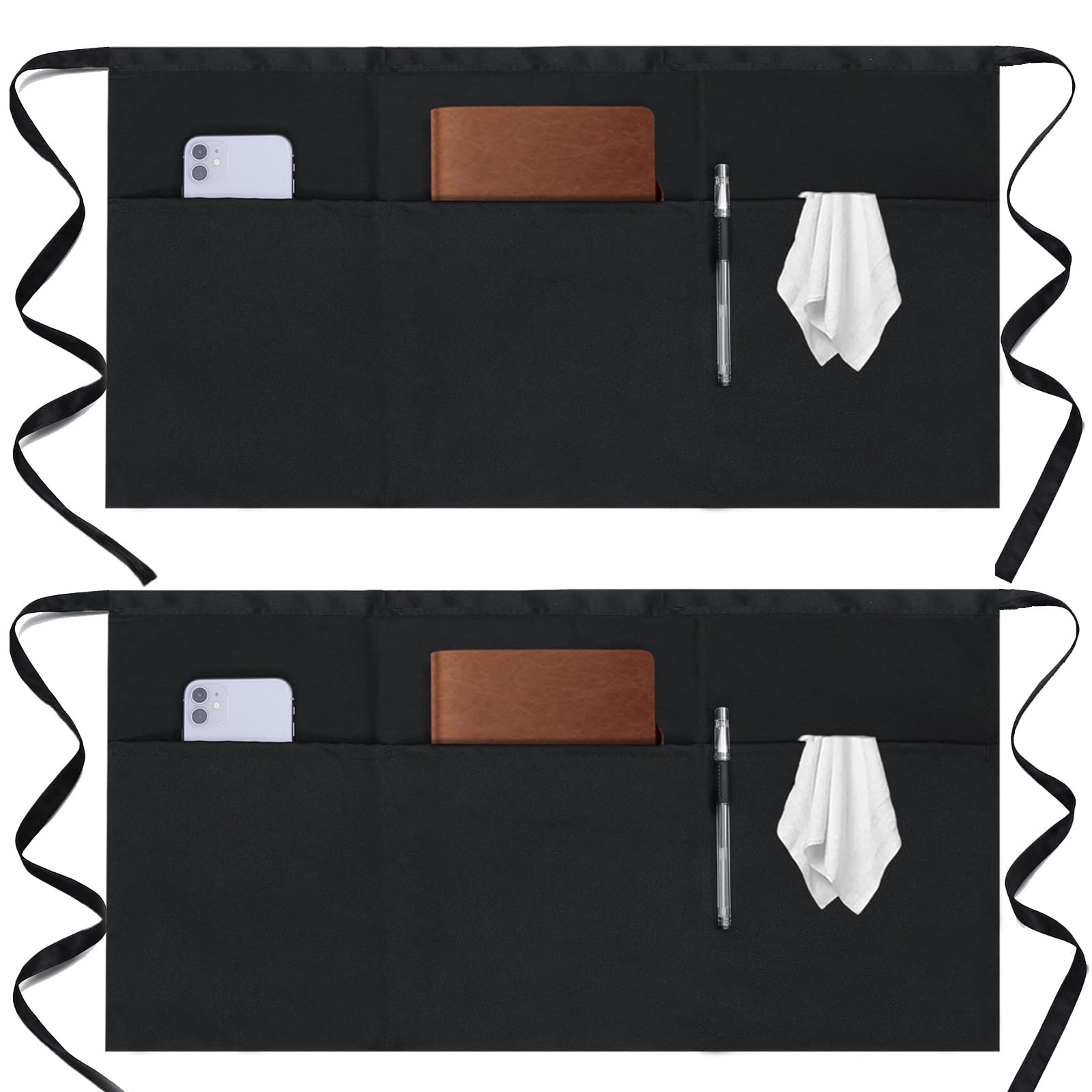 2 Pack Server Apron – Waist Half Aprons for Waitress with 3 Pockets, Black Short