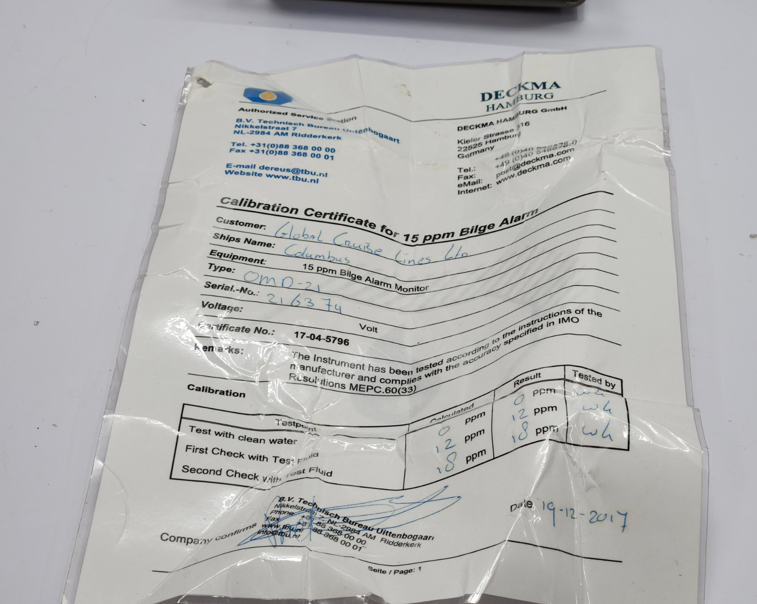 DECKMA HAMBURG OMD-21 OIL MONITORING DEVICE 10700