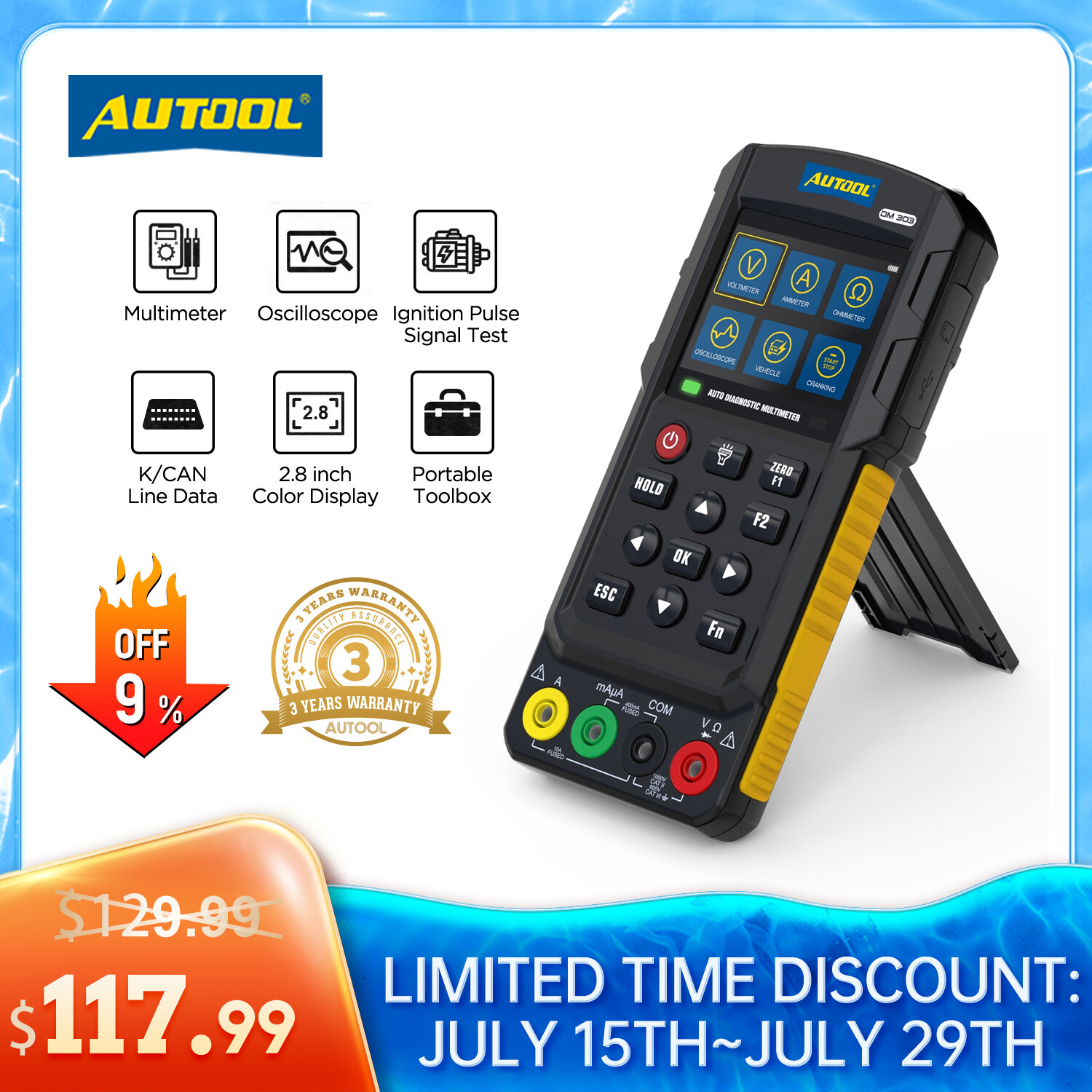 Automotive Diagnostic Multimeter Oscilloscope AC/DC Voltage Amp Ohm K/CAN Tester