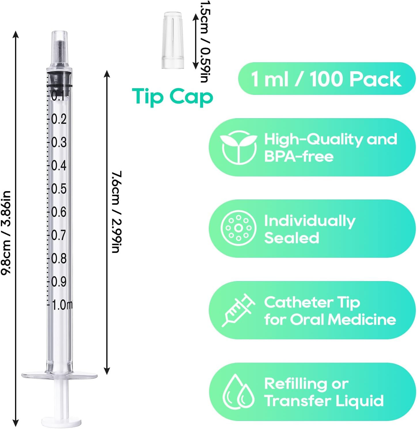 100 Pack 1Ml Syringes with Caps, 1Cc Syringe Needleless, Small Oral Syringe with