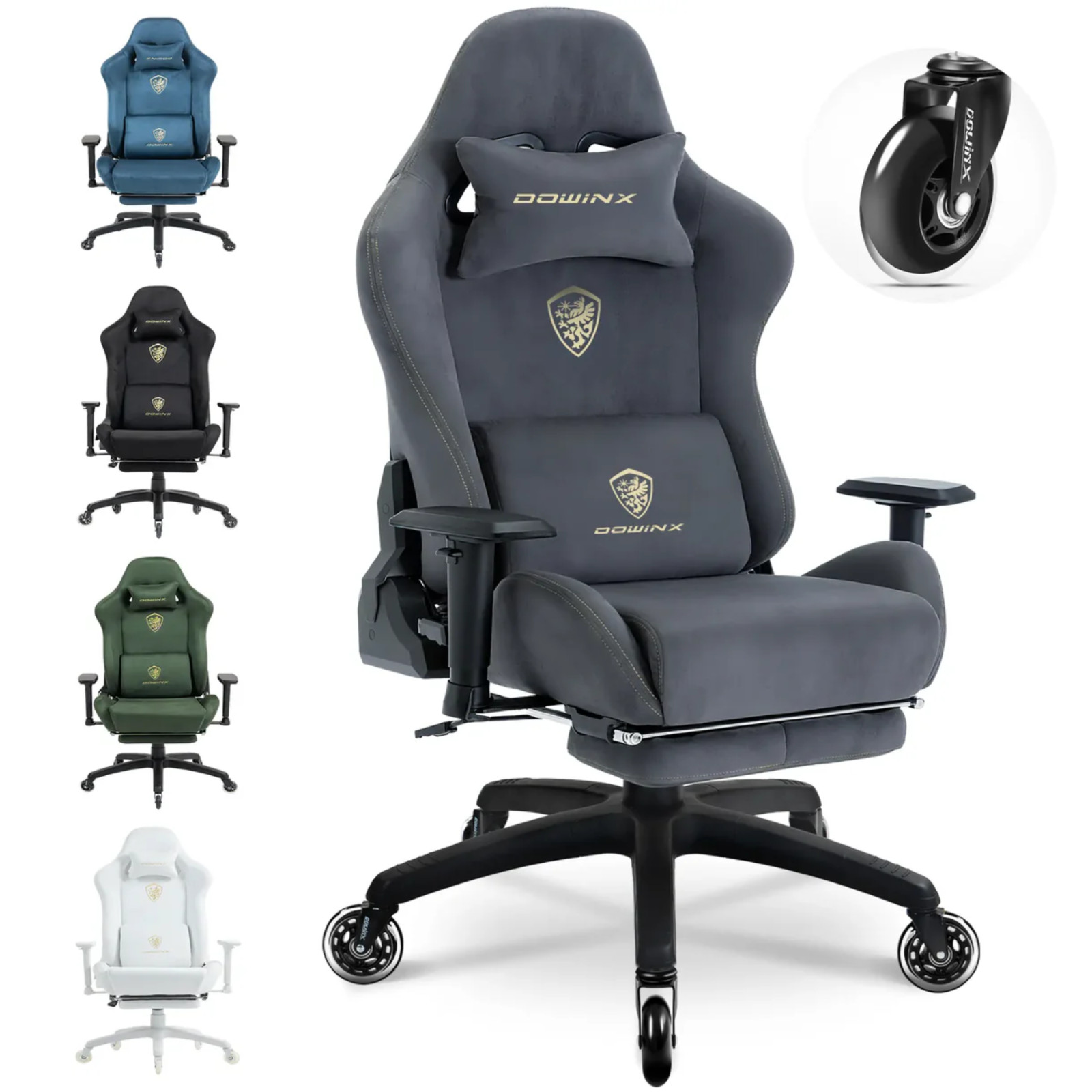 Dowinx Suede Gaming Chair with Silent Wheels, Lumbar Massage and Footrest