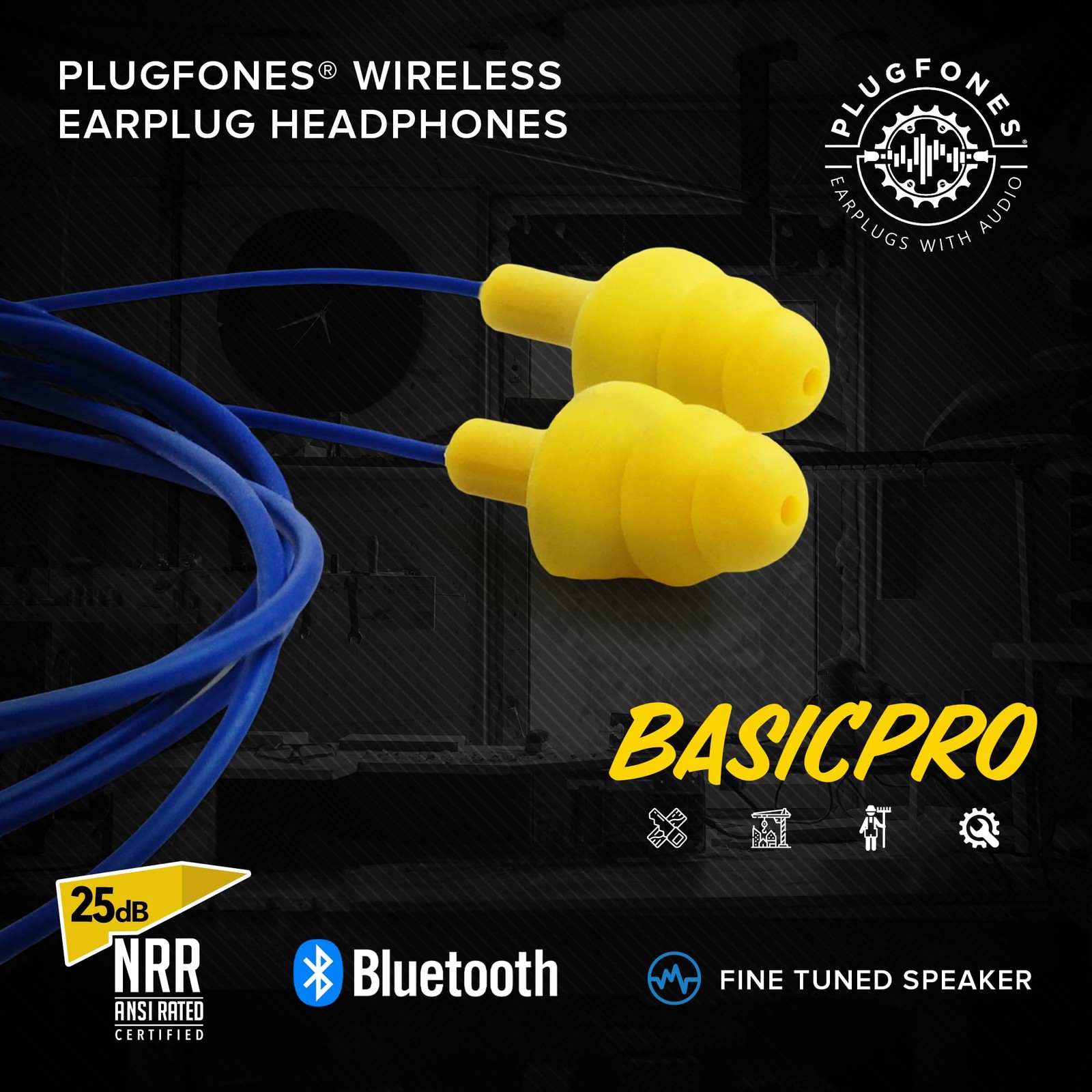 Plugfones Basic Pro Earplug Headphones Wireless Bluetooth in-Ear Blue, Yellow