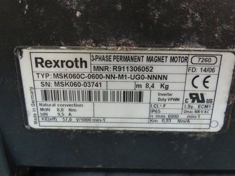REXROTH MSK060C-0600-NN-M1-UG0-NNNN SERVO MOTOR 9.5A 6000RPM 3PH (21416 – USED)