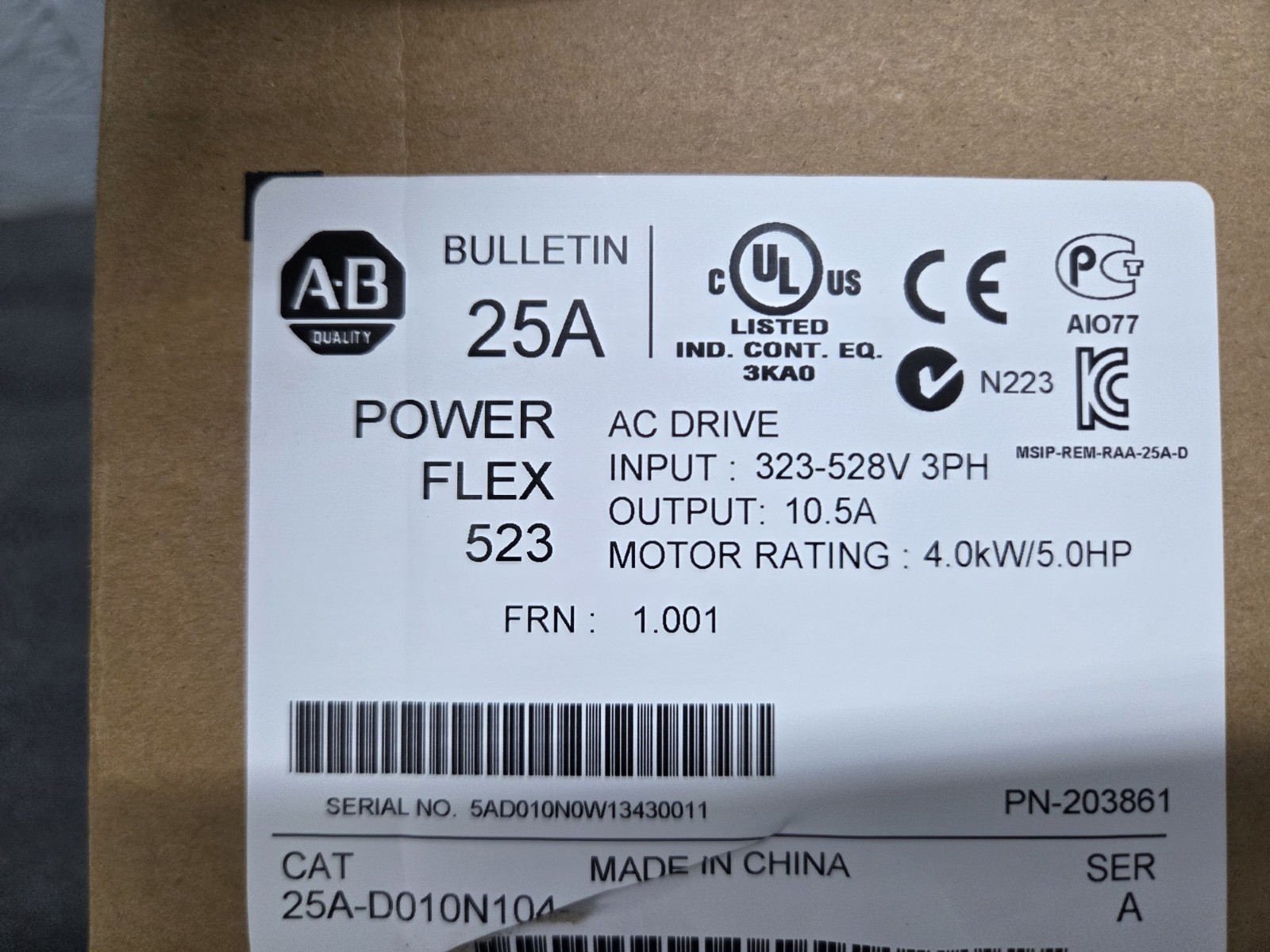 Allen-Bradley PowerFlex 523 25A-D010N104, 480V, 5HP, 3PH, Ser A, NOS AC Drive